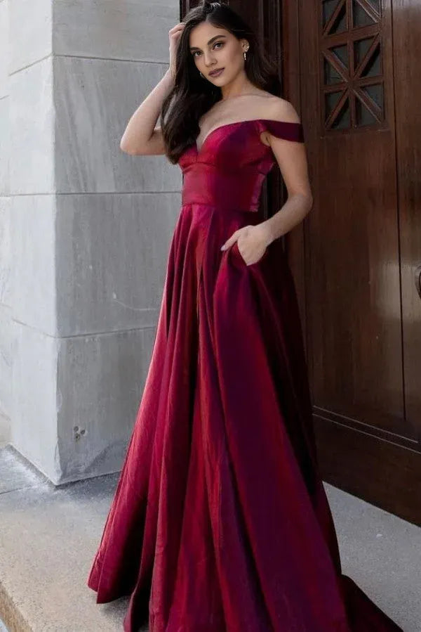 Weitese Dress Sexy Long A-line V-neck Off-the-shoulder Backless Prom Dress With Pockets